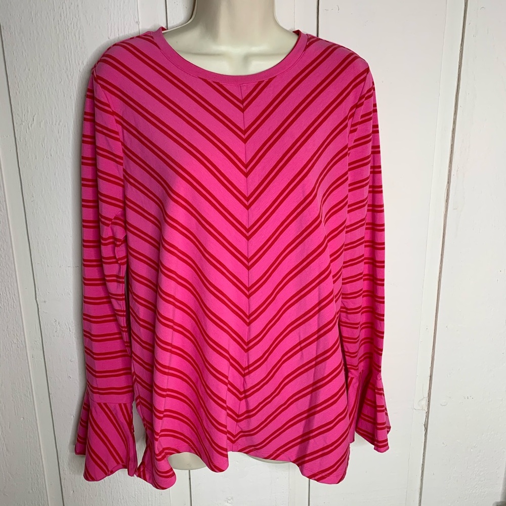 Crown and Ivy Red and Pink Striped LS Tee Shirt Top